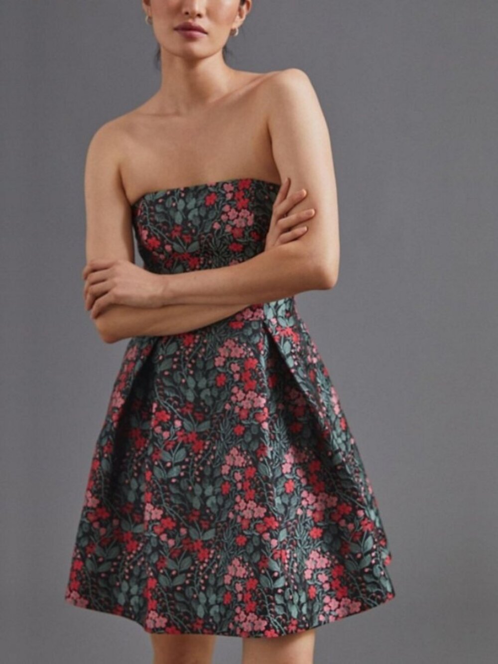 Hutch Floral Jacquard Mini Fit and Flare Strapless Dress Black Multi 0 #A3964